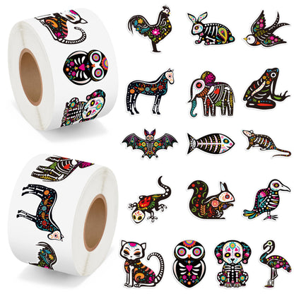 BeYumi Skeleton Animal Roll Stickers - 1000Pcs Day of The Dead Skeleton Animal Stickers in 2 Rolls Dia de Los Muertos Decals for Kids Halloween Mexican Festival Party Supplies Goodie Bags Box Decor