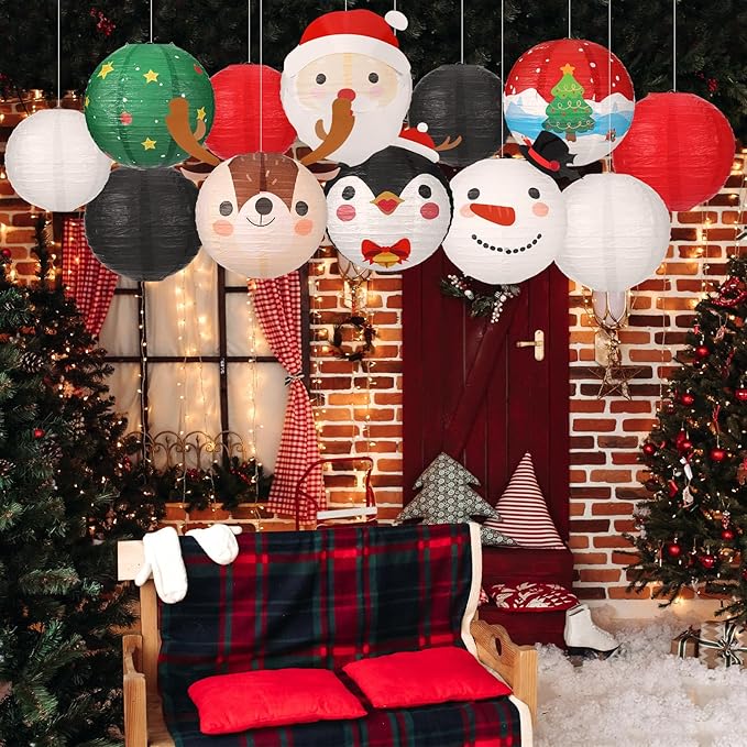 Bencailor 12 Pcs Christmas Hanging Paper Lanterns Set Decorative Christmas Party Lanterns Round Hanging Lamps for Xmas Home Decoration Supplies Props Holiday Decor (Elk,12 Inch, 10 Inch, 6 Inch)