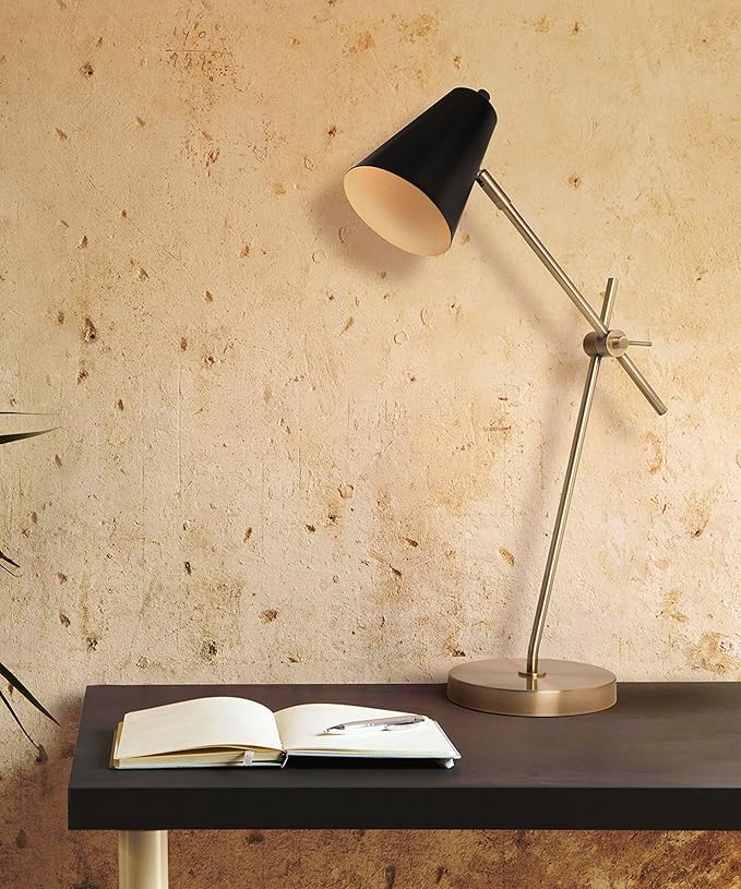 HarvestLand HaloBar Reading Lamp – Black and Brass Desk Lamp, for Home Office, Industrial Table lamp with Solid Base for Study and Reading, Bedside Table and Architect Desk Lamp