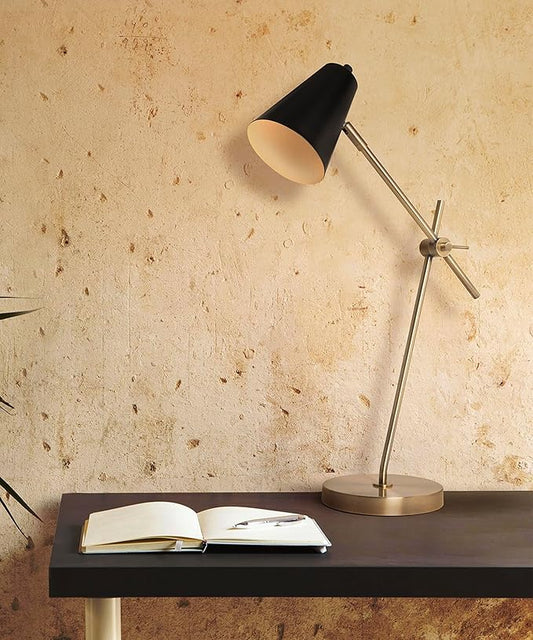 HarvestLand HaloBar Reading Lamp – Black and Brass Desk Lamp, for Home Office, Industrial Table lamp with Solid Base for Study and Reading, Bedside Table and Architect Desk Lamp