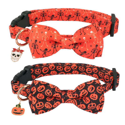 ADOGGYGO Halloween Dog Collars with Bow Tie, Adjustable, Black Orange, Pumpkin Skeleton Halloween Bow Collars for Small Medium Large Dogs Pets (Medium)