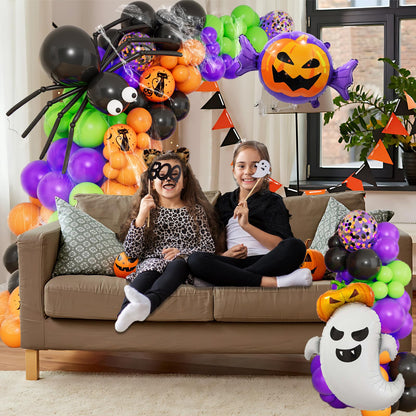 DBKL 159Pcs Halloween Balloons Garland Arch Kit, Ghost Pumpkin Foil Balloons with Black Orange Purple Fruit Green Confetti Balloon for Halloween Party Decorations