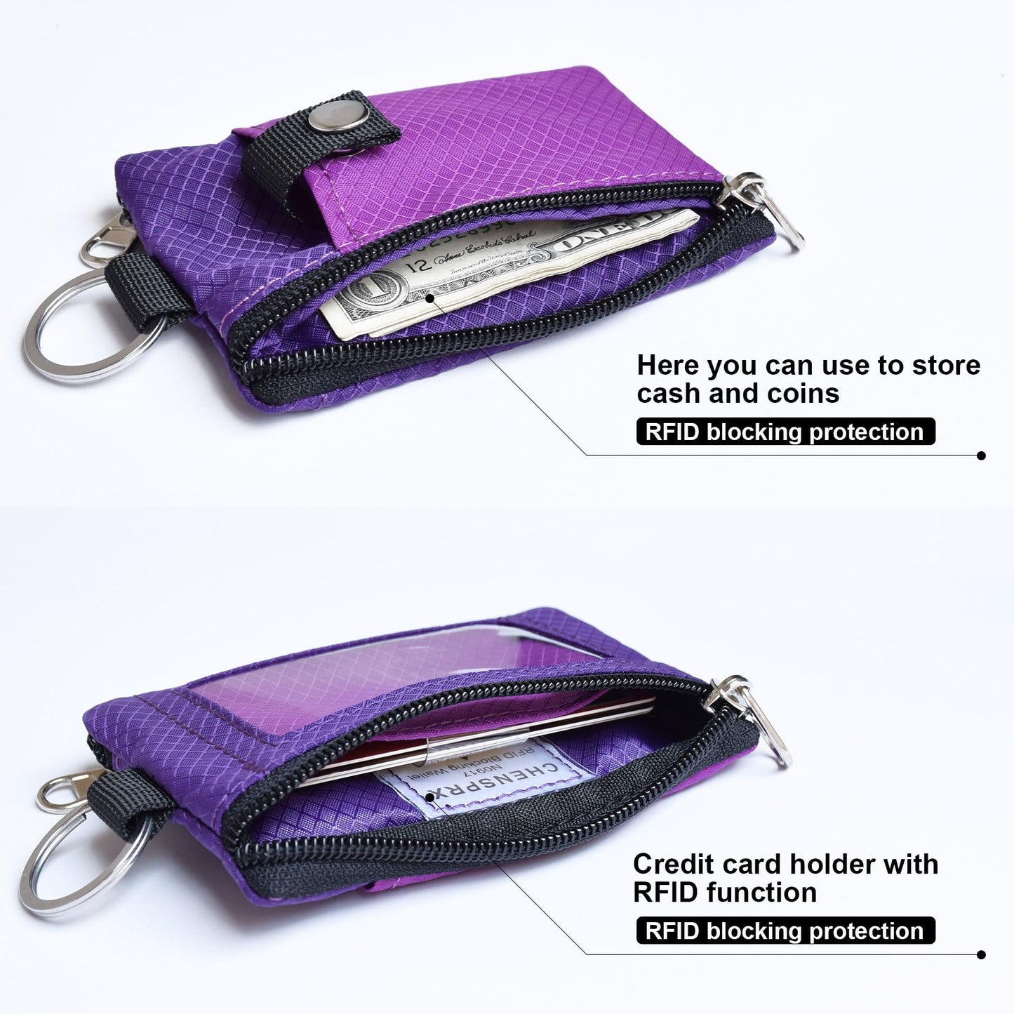 CHENSPRX Minimalist RFID Blocking Small Wallet with ID Window,WaterResistant Zip Id Case Wallet with Lanyard Keychain for Cards,Cash,Travel,Women,Men (Violet+purple)