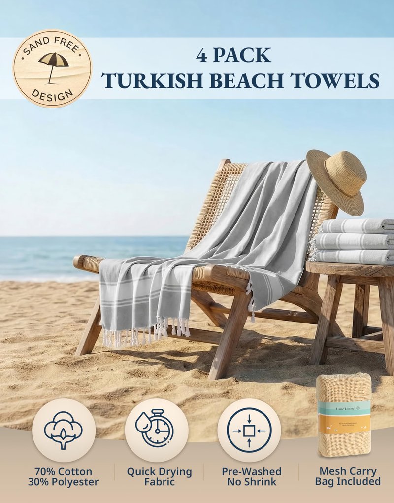LANE LINEN Oversized Beach Towels 4 Pack – Pre-Washed, Extra Large, Quick Dry, No Sand, Absorbent Pool Towels for Adults, 39"x71", Grey
