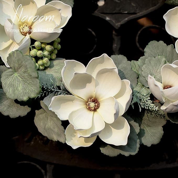 Floroom Floral Wreath, 18" Artificial White Magnolia Wreath for Front Door Wedding Decorations Wall Decor