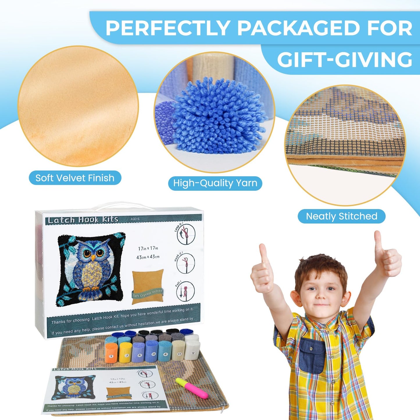 EsLuker.ly Full Moon Owl Latch Hook Pillow Kit for Adults Beginners, DIY Throw Pillow Cushion Cover Making Set with Pre-Printed Canvas & Crochet Yarn, Creative Latch Hook Craft Kits for Home Decor