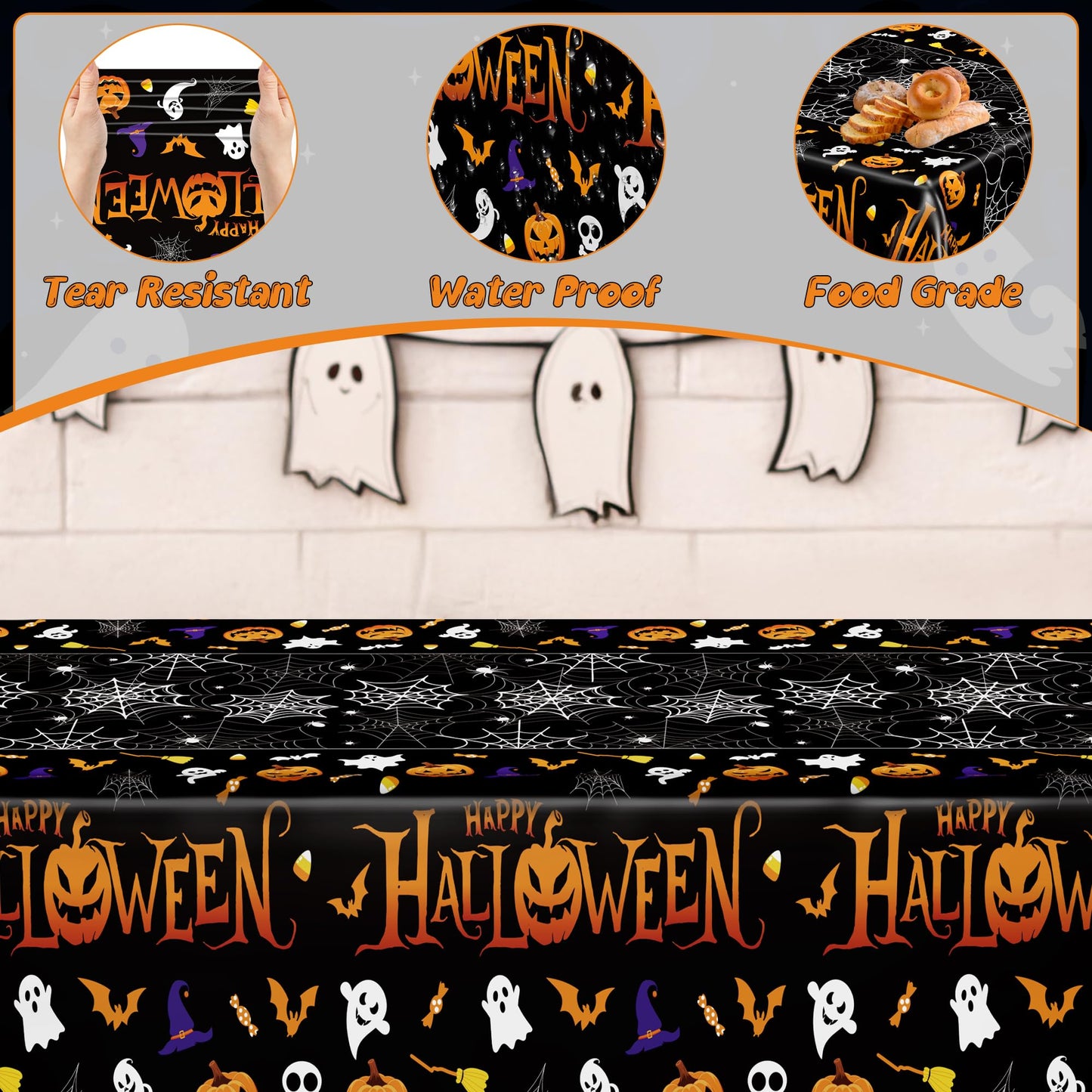 QZYL 4 Pack Halloween Tablecloth, 54" x 108" Halloween Decorations, Pumpkin Design Disposable Tablecover Plastic Table Cloth, Spider Webs Decorations Party Supplies Tableware Indoor