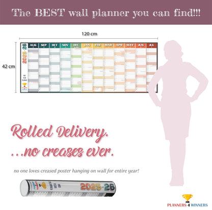 Academic Year Wall Planner 2025-2026 with Extra Wide Size (120 x 42 cm) | Mid Year 25/26 Wall-Planner Runs Aug ’25 to Jul ’26 | Excellent for office, home and school. | Non Laminated, ROLLED DELIVERY