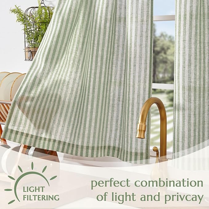 jinchan Linen Kitchen Curtains 36 Inch Length Striped Tier Curtains Ticking Stripe Small Drapes for Living Room Bathroom Cafe Small Window Farmhouse Rustic Pinstripe Rod Pocket 2 Panels Sage Green