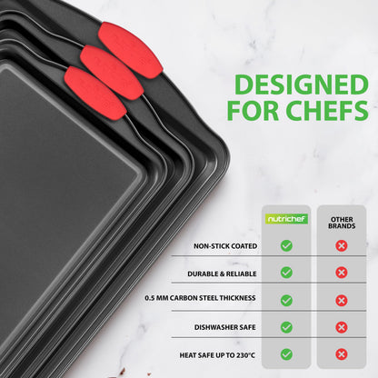NutriChef 3-Piece Nonstick Kitchen Oven Baking Pans - Premium & Stylish Non-Stick Steel, Commercial Grade Restaurant Quality Metal Bakeware with Red Silicone Handles - Easy to Clean