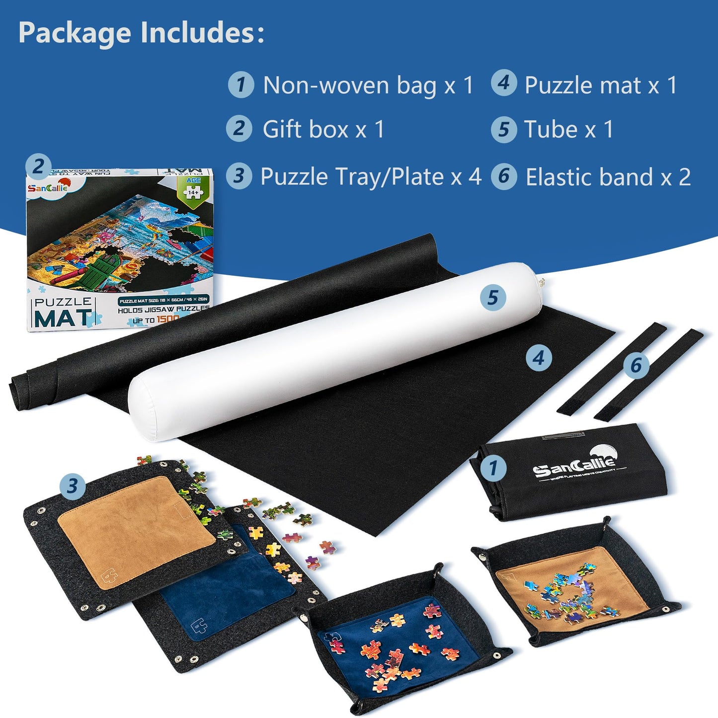 Sancallie Large Puzzle Mat Roll Up, Jigsaw Storage 46"x26" Felt Mat, Jigroll Up to 1500, 1000, 500 Pieces with 4 Puzzle Trays, Material for Jigsaw Puzzle Player, Box with Drawstring Storage Bag