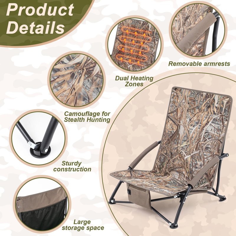 Teenyyou 1 Pack Heated Hunting Chair, Portable Low Down Hunting Seat Pad Cushion with Carry Bag, Adjustable 3 Mode Folding Chair for Turkey Blind Deer Ground Duck Fishing, No Power Bank (Brown)