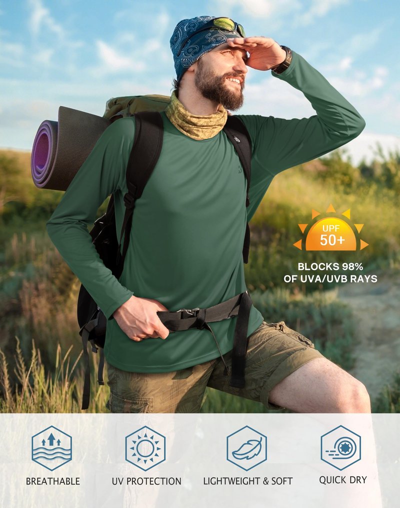 Roadbox Mens UPF 50+ Long Sleeve SPF Diving Rash Guard UV Sun Protection Shirts for Outdoor Fishing Hiking Swimming Running Emerald Green