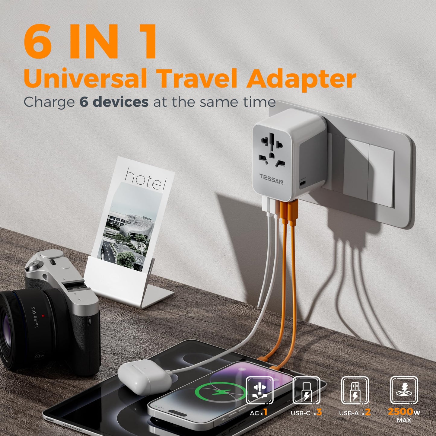 TESSAN Universal Travel Adapter 28W, Worldwide Plug Adaptor with 2 USB A and 3 USB C Ports, International Travel Adapter for EU, UK, USA, AU, Power Socket Charger for Multi Countries, Grey White