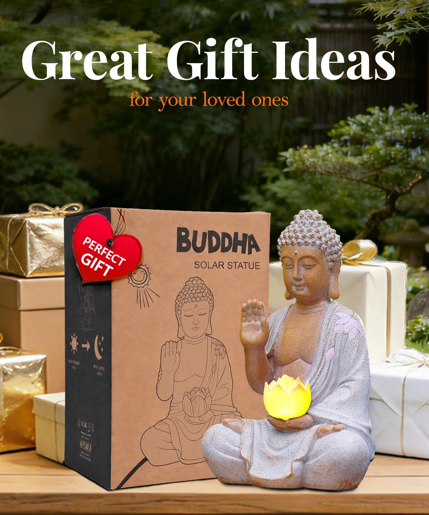 Nacome Solar Buddha Garden Statue Decor: Sitting Resin Figurine with Lotus Flower Light Zen Sculpture for Patio Lawn Yard Porch Balcony Meditation Space - 10.6 inches(White)