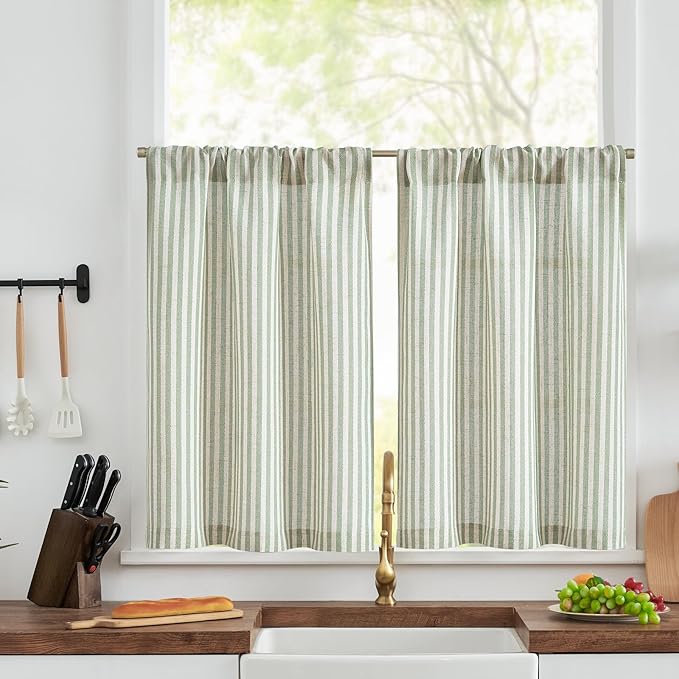 jinchan Striped Linen Kitchen Curtains 30 Inches Length Tier Curtains Farmhouse Modern Cafe Style Small Window Treatments Airy Light Filtering Rod Pocket for Living Room Bathroom 2 Panels Sage Green