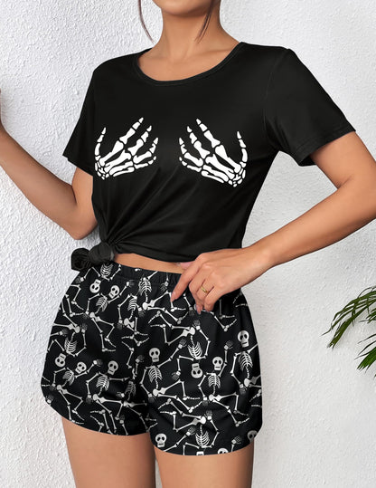 Ekouaer Women's Pajama Sets Short Sleeve Pjs 2 Piece Top and Shorts Sleepwear Comfy Soft Lounge Sets with Pockets Halloween Skeleton Print Small