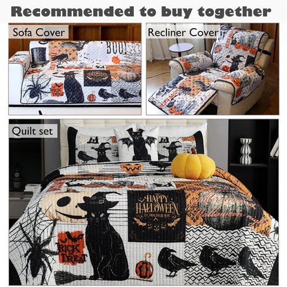 Cmfshape Halloween Skidproof Sofa Cover-Festival Sofa Slipcover with Elastic Straps-Easy Fit Slip Cover-Patchwork Washable Furniture Protector for Pets and Kids(Sofa,Black&Orange)