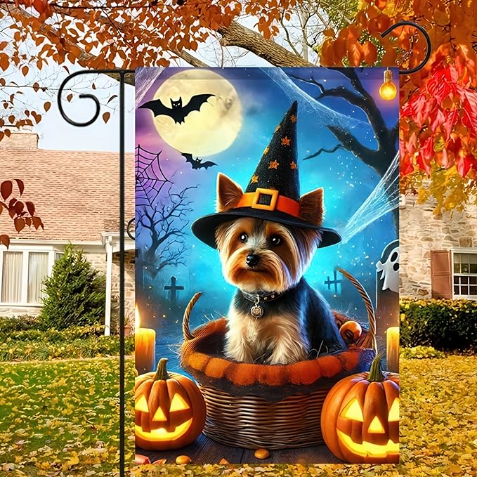 Halloween Garden Flag Yorkie Witch Hat Garden Flag Polyester 12x18 Inch Fall Winter Holiday Decor Outdoor Yard, Patio, Farmhouse Decoration No Flagpole
