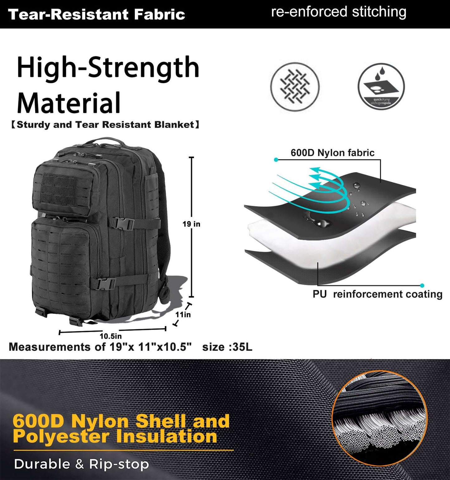 Military Tactical Backpack for Men 35L Small Molle System Water Resistant 3 Day Survival Assault Pack for Bug Out Bag Rucksack Travel Hiking Camping Gym Range Trekking Hunting Sport Work (Black)
