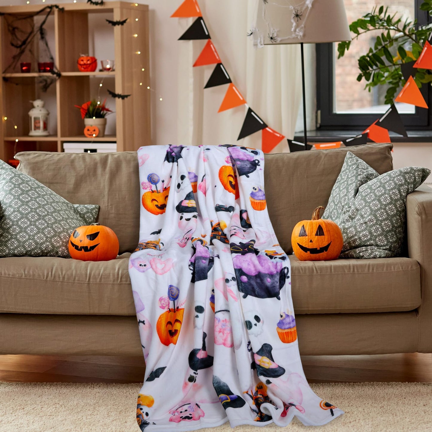 Halloween Throw Blanket Gifts, Pink Pastel Cute Ghost Pumpkin Witch Hat Soft Cozy Comfy 50 x 60 Flannel Blanket, Gift for Girls Kids Friends or Halloween Lovers