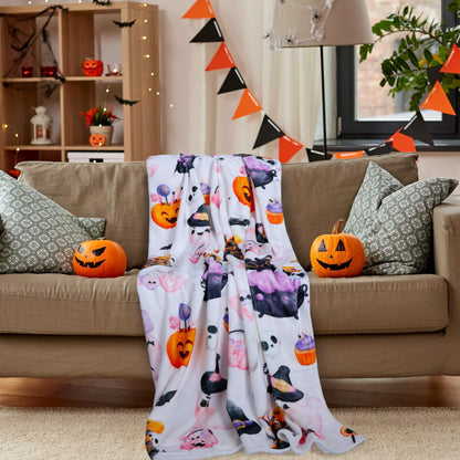Halloween Throw Blanket Gifts, Pink Pastel Cute Ghost Pumpkin Witch Hat Soft Cozy Comfy 50 x 60 Flannel Blanket, Gift for Girls Kids Friends or Halloween Lovers
