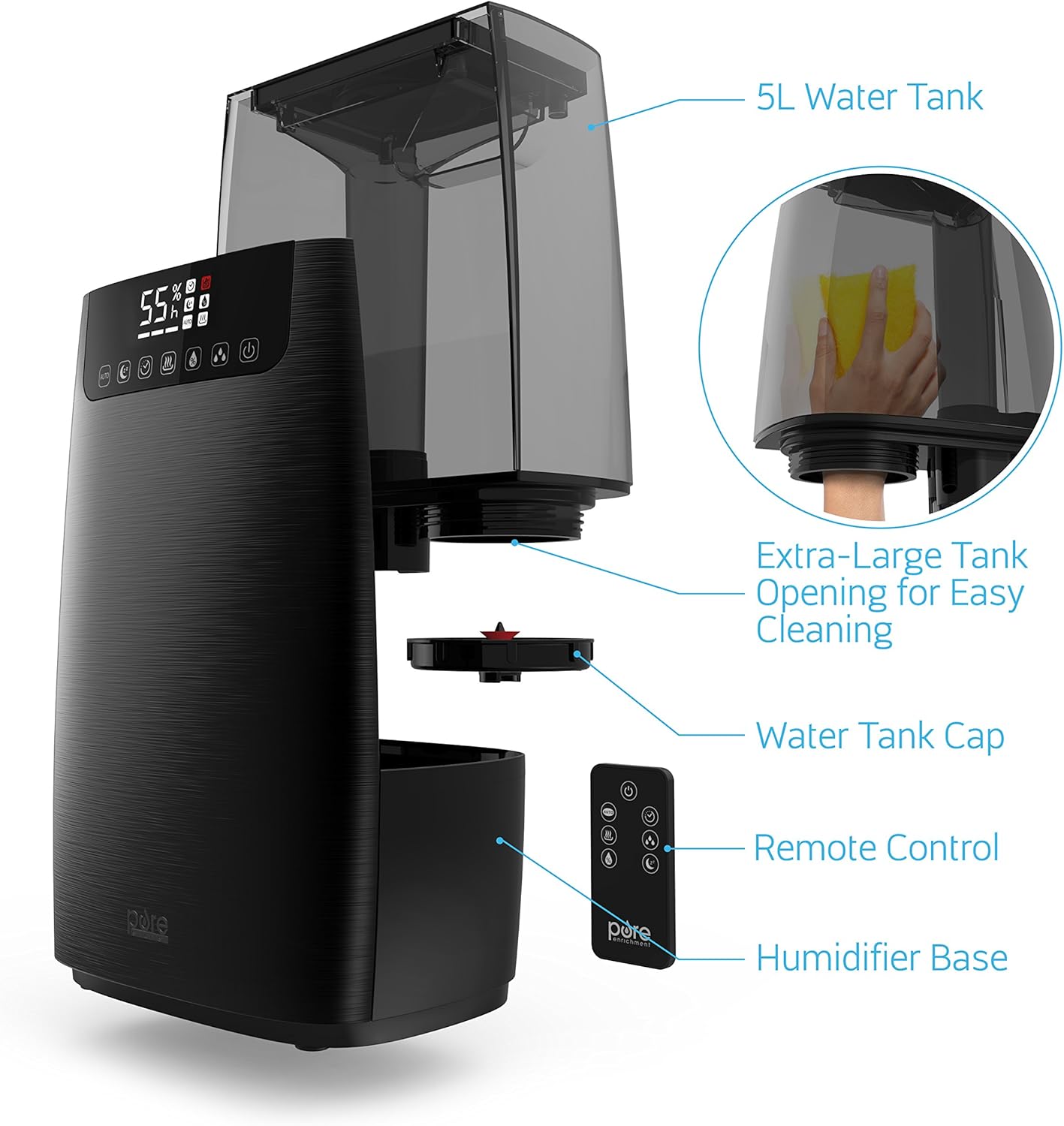 Pure Enrichment HumeXL Pro Warm and Cool Mist Humidifier - Easy-to-Clean 5-Liter Water Tank, Humidity Sensor, Two 360-Degree Rotating Mist Nozzles, Touch-Button Control, LED Display and Remote Control
