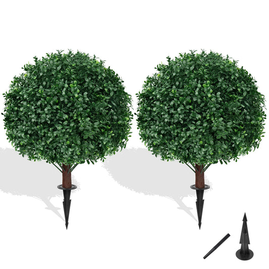 Grooy Artificial Boxwood Topiary Ball Tree with Ground Spike, Set of 2 Artificial Shrub Bushes, Fake Evergreen Tree for Porch, Artificial Plants for Outdoor Planters Indoor UV Resistant