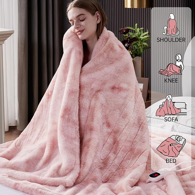 Guohaoi Heated Blanket Electric Throw, Soft Faux Rabbit Fur Electric Blanket with 10 Heating Levels 5 Sitting Timer Auto Off, Cozy Warm Heating Blankets, Machine Washable(84"×90" Pink)