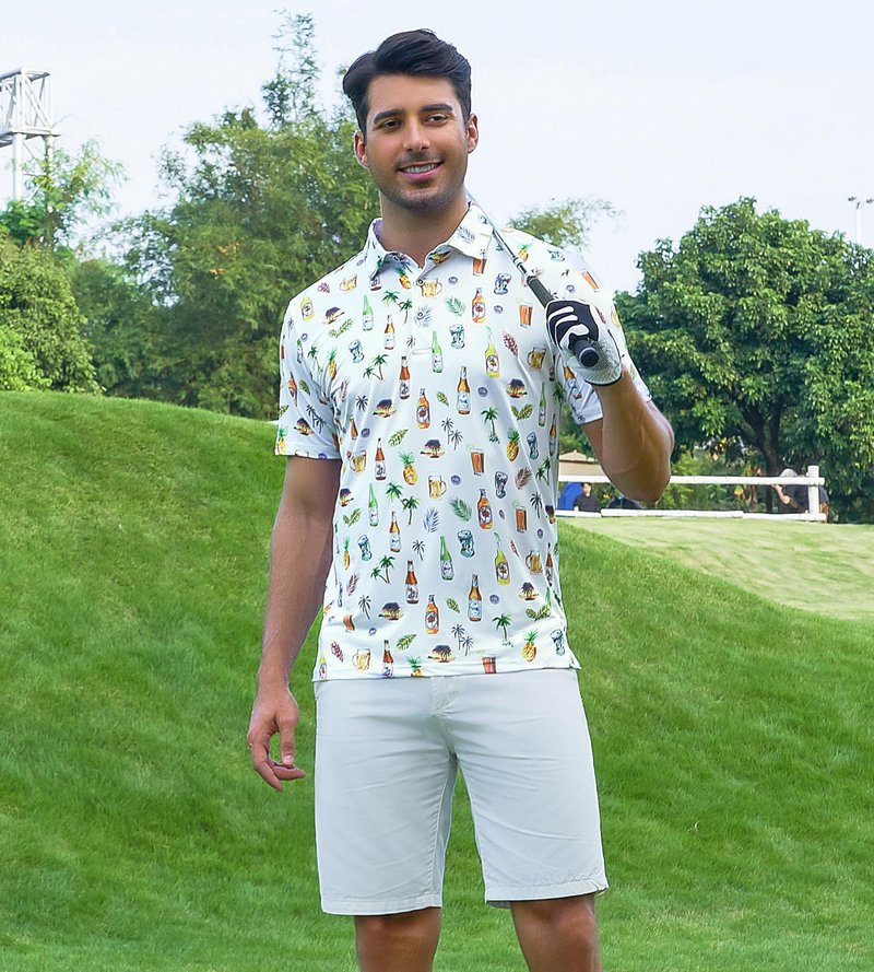 Alex Vando Mens Hawaiian Golf Shirt Moisture Wicking Digital Print Golf Shirts for Men,White Beer,L