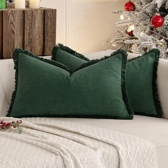 MIULEE Christmas Decorative Lumbar Throw Pillow Covers Neutral Linen Fringe Throw Pillows Set of 2 Army Green Boho Farmhouse Cushion Covers for Couch Sofa Bed Living Room Spring Home Decor 12x20 Inch