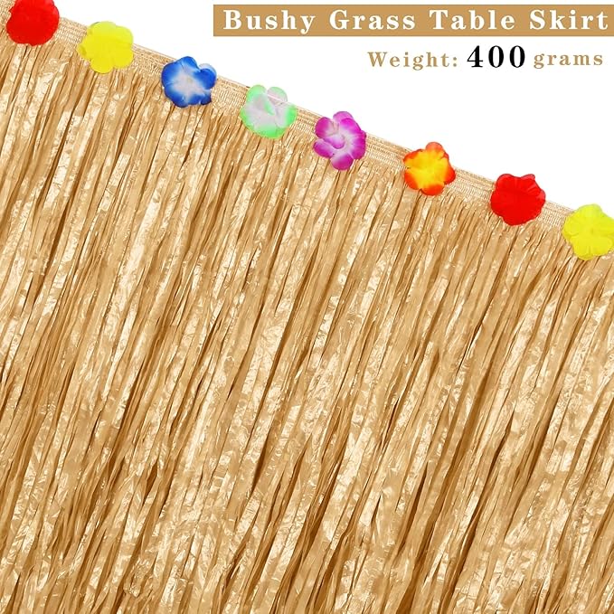 Aodaer Thickened Grass Table Skirt Natural with Hibiscus Flowers 400g Hawaiian Luau Tropical Party Decor Fringe Party Decoration for Costume Tiki Tropical Hawaii Moana Birthday, Straw Yellow