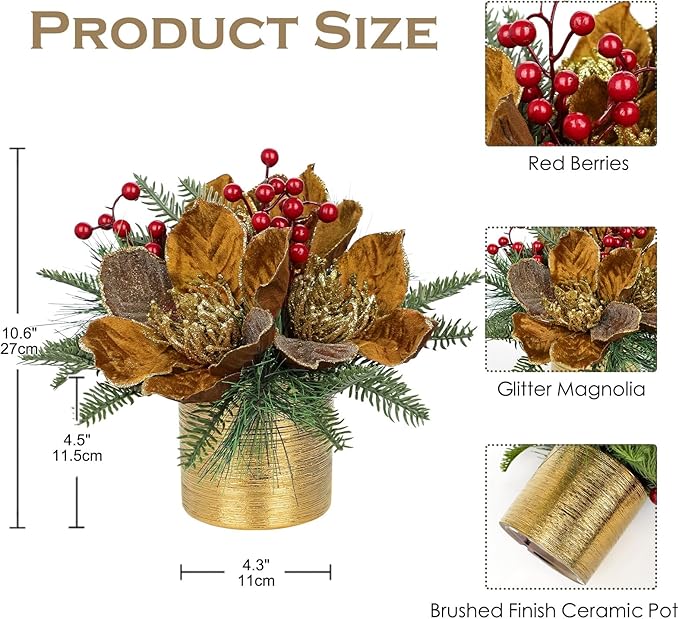 13 inch Brown Christmas Table Centerpiece 5" Glitter Magnolia Flower and Berries Fir Greenery Artificial Christmas Floral Centerpiece in Ceramic Pot Tabletop Xmas Table Arrangement Decoration