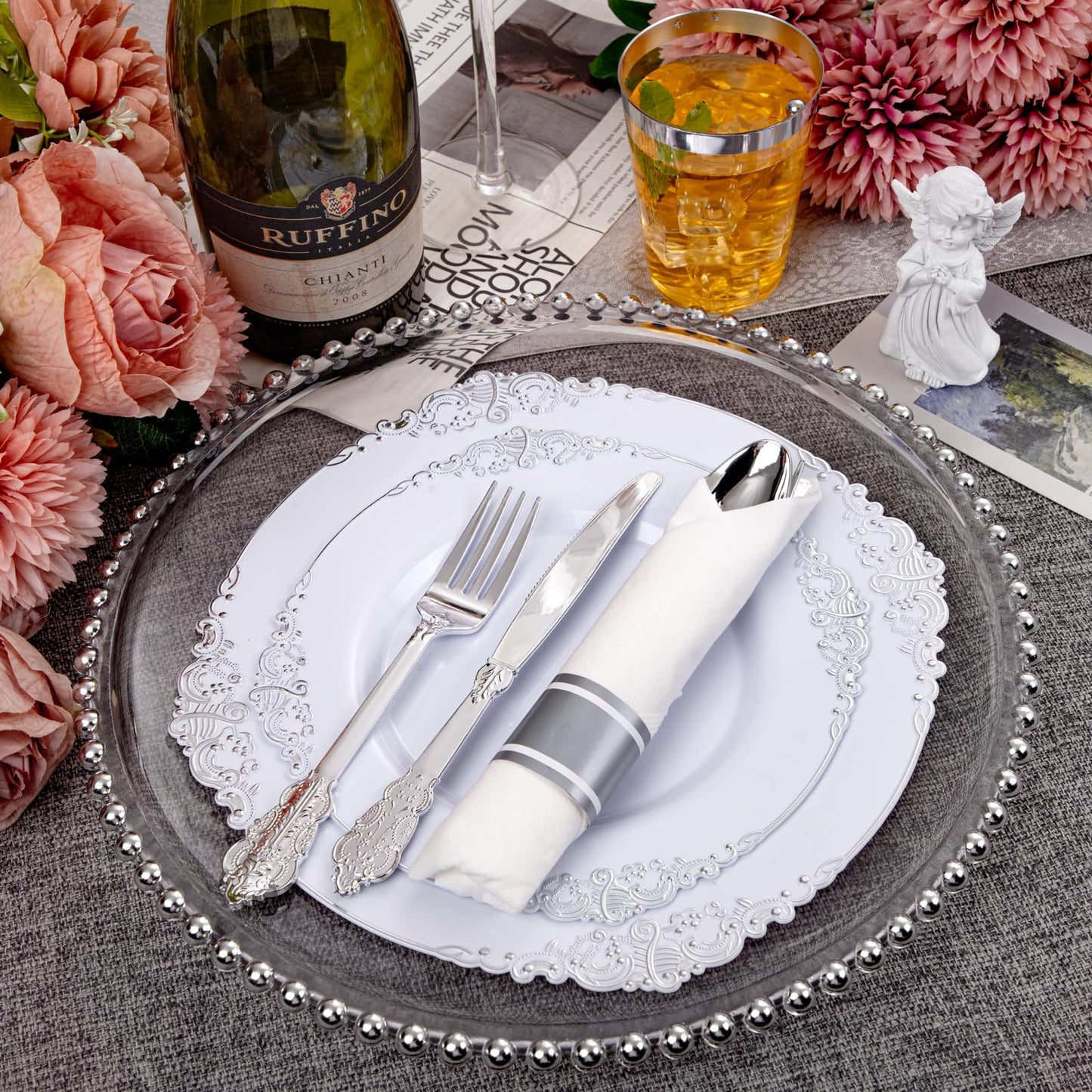 Hioasis 210pcs White and Silver Plastic Plates - Elegant Disposable Dinnerware Set Suitable for 30 Guests Include 10.25 Dinner & 7.5 Dessert Plates, Pre Rolled Silverware Set, Cups for Party & Wedding