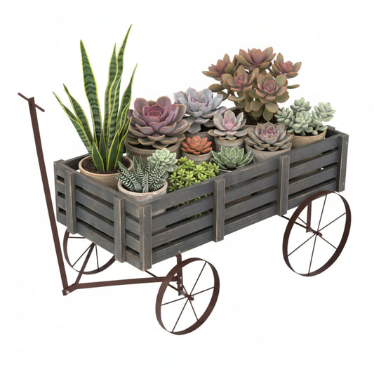 Shine Company Decorative Buckboard Wagon Garden Planter, Wooden Wagon Yard Décor for Outdoor Plants, Gray