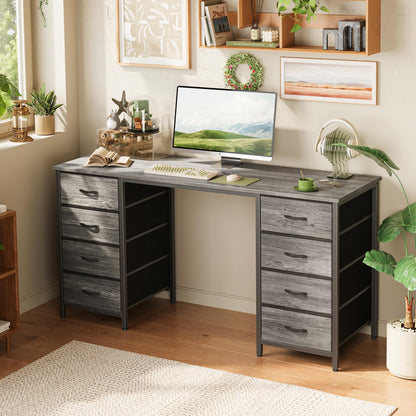 Huuger 54 Inch Computer Desk with 8 Fabric Drawers, Office Desk for Home Office, Study, Gaming Desk with Drawers, Large Storage, Grey