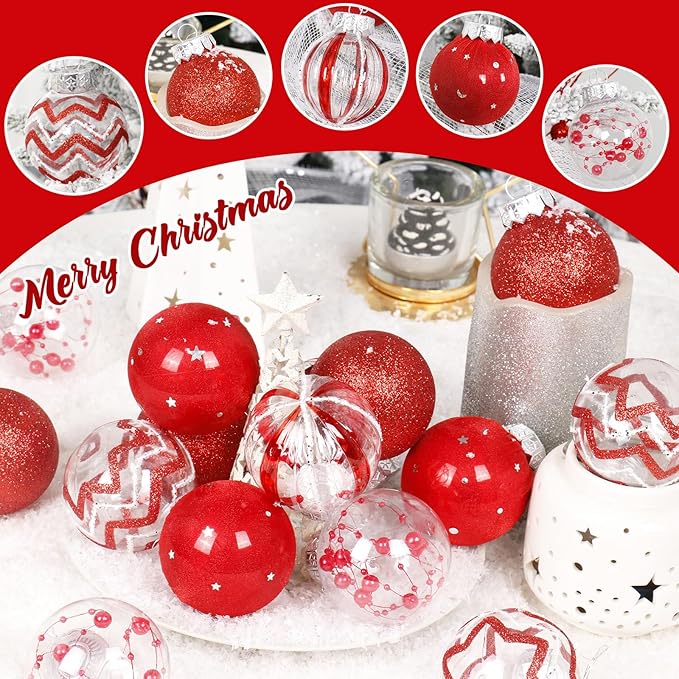 SY Super Bang 30PCS Red Christmas Ornaments Set, 60MM/2.36" Clear Plastic Shatterproof Ball Ornaments for Christmas Tree Hanging Decorations, for Home Holiday Party Xmas Decor.