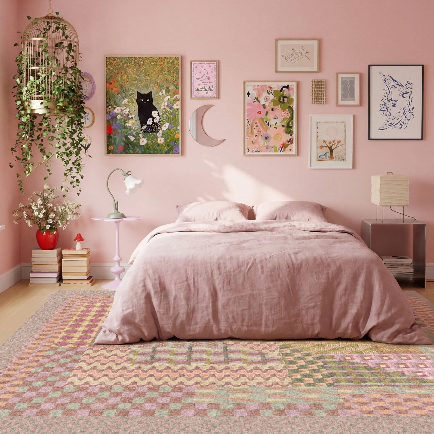 Kokia 9x12 Modern Geometric Washable Area Rug, Non-Slip Stain-Resistant Low Pile Rugs for Girls Bedroom, Living Room, Dining Room, Pink and Purple