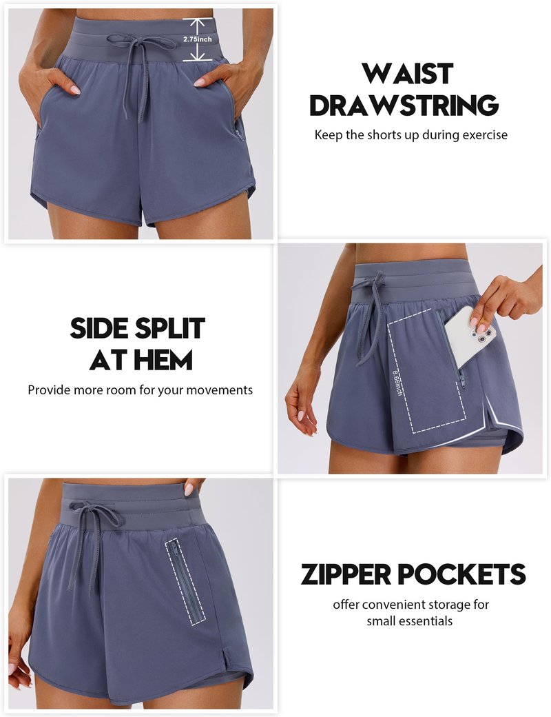 BMJL Womens 2 in 1 Running Shorts for Gym 2.5" Blue High Waisted Drawstring Athletic Workout Shorts 3 Pockets（M,Blue Grey）