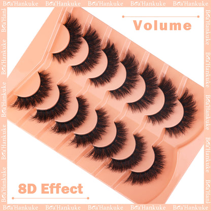 Boahankuke False Eyelashes Mink Lashes Full 18MM Cat Eye Lashes D Curvature Wispy Fake Lashes 8D Natural Strip Lashes Volume Lightweight Lashes Pack with Soft Cotton Band,7 Pairs