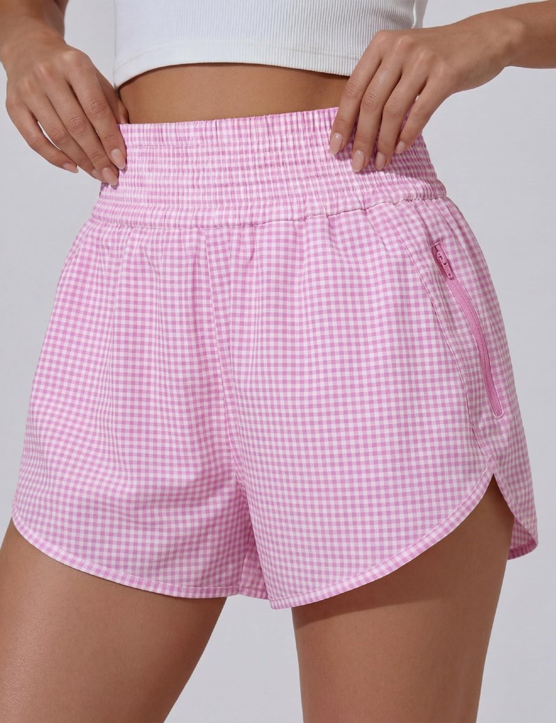 BMJL Women's Athletic Shorts High Waisted Running Short Pocket 2.5" Sporty Shorts Gym Elastic Workout Shorts(M,Pink Plaid)