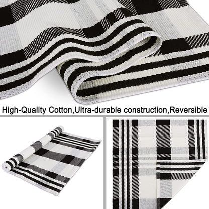 CAINANEL Buffalo Plaid Outdoor Rug Black and White Check Rug 35.4'' x 59'' Cotton Hand-Woven Checkered Front Welcome Door Mat Indoor/Outdoor Area Rug for Front Porch,Kitchen,Entry Way,Living Room