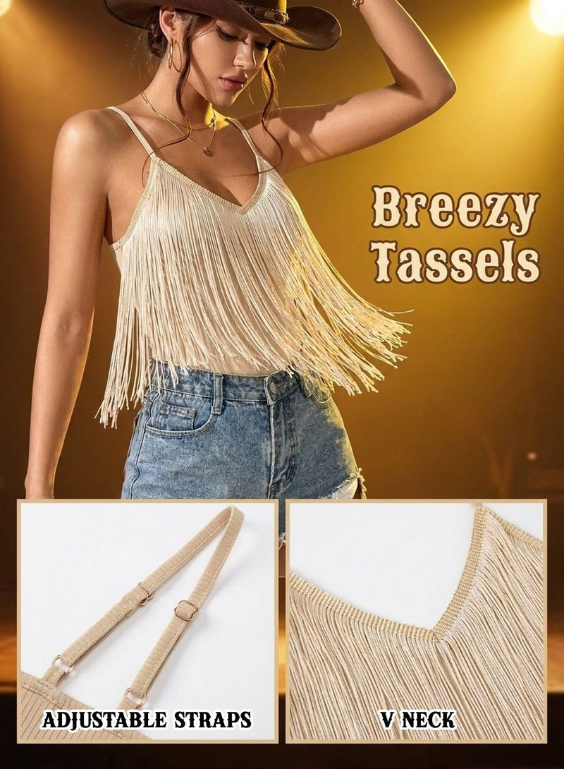 Womens Western Cowgirl Fringe Top - Country Concert Outfits Festival Tassel Hem Boho Rodeo Cowboy Rave Tank Shirt(Khaki,M,10742a)
