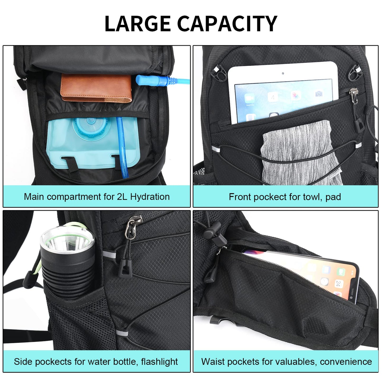 Fistcale Hiking Backpack, 8L Black hydration Running Rucksack, Functional Gift for Men & Women Daily Commutes, Cycling, Jogging, Hiking