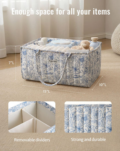 Blissful Diary Floral Diaper Caddy Organizer, Stylish Nursery Storage Basket, Gift for Baby Shower, Baby Registry Must Have, Newborn Essentials, Blue Floral