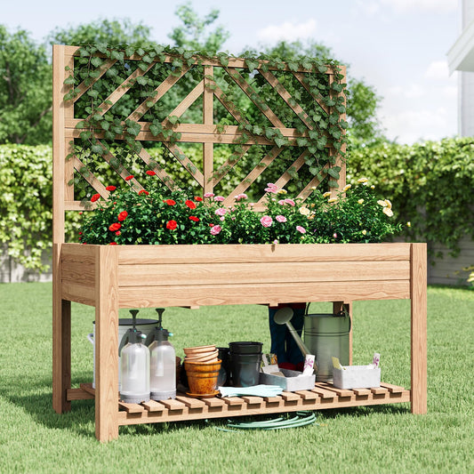 Vabches Wooden Elevated Raised Garden Bed with Trellis,47x24x55 in Planter Box with Legs and Storage Shelf,FreeStanding Gardening Planter for Flower Herb Vegetable Fruit Climbing Vines