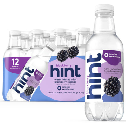 Hint Water Blackberry, Pure Water Infused with Blackberry, Zero Sugar, Zero Calories, Zero Sweeteners, Zero Preservatives, Zero Artificial Flavors, 16 Fl Oz (Pack of 12)