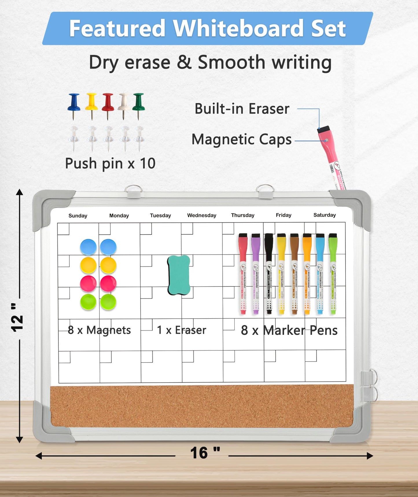 Dry Erase Calendar & Cork Board, 16" x 12" Double-Sided Whiteboard Calendar Cork Board Combo for Wall, Hanging Monthly Calendar Board with Markers, Magnets Pins, Eraser