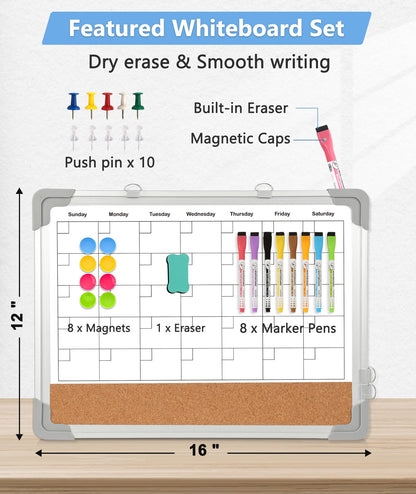 Dry Erase Calendar & Cork Board, 16" x 12" Double-Sided Whiteboard Calendar Cork Board Combo for Wall, Hanging Monthly Calendar Board with Markers, Magnets Pins, Eraser