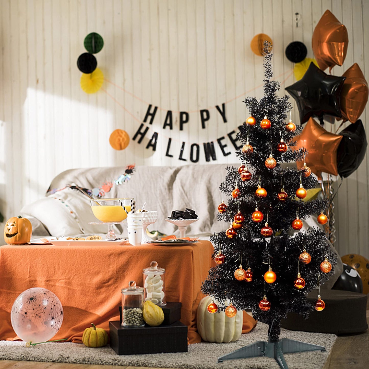 Lulu Home Halloween Ball Ornaments, 34 Ct 1.57" Pre-Strung Hanging Ornament Decorations, Shatterproof Plastic Balls for Holiday Party Wreath Garlands Trees, Orange